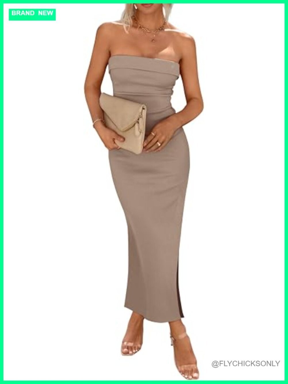 Women's Ribbed Knit Strapless Bodycon Maxi Tube Dress with Side Slit